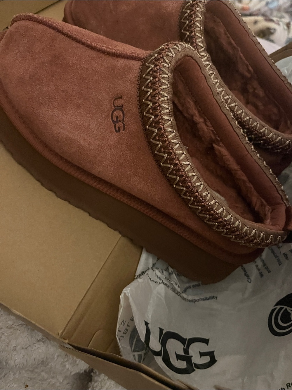 UGG Chestnut Suede Shearling Moccasin Slipper - Picture 6 of 7